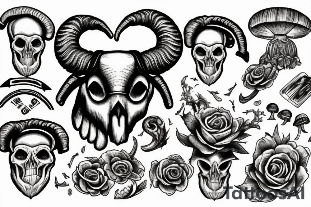 Big rams skull in the middle with a royal flush from poker and liberty cap magic mushrooms twisting around the design tattoo idea