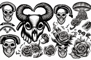 Big rams skull in the middle with a royal flush from poker and liberty cap magic mushrooms twisting around the design tattoo idea