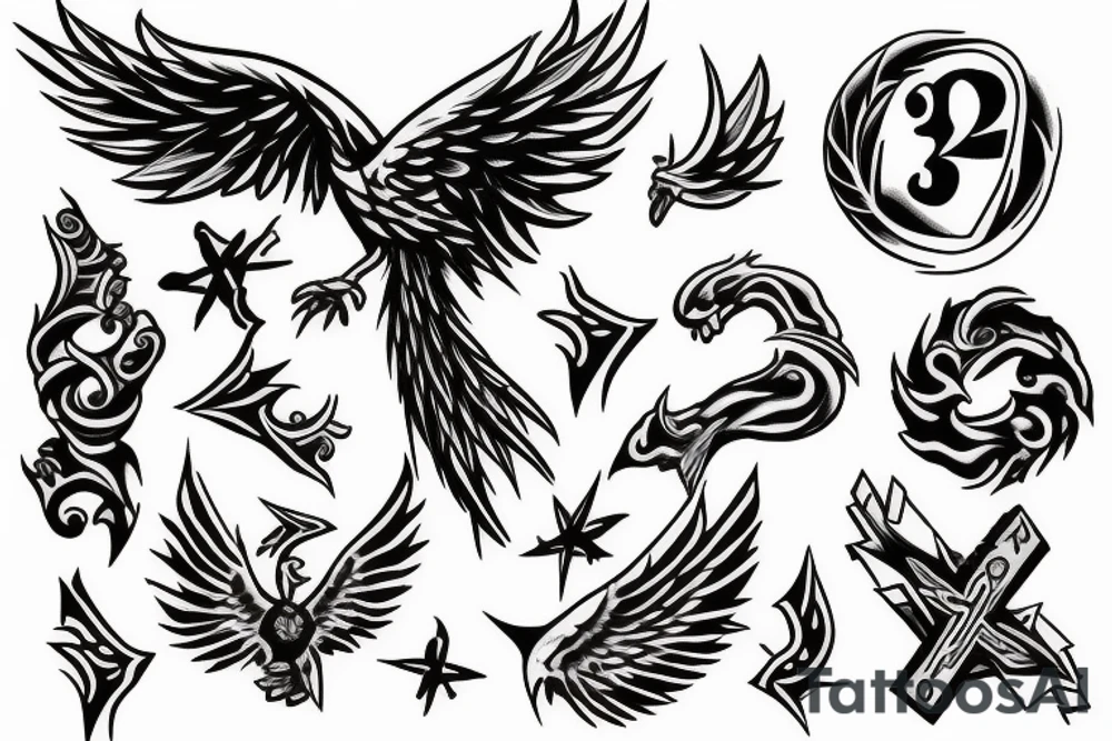 Phoenix and a cross with number 24 tattoo idea