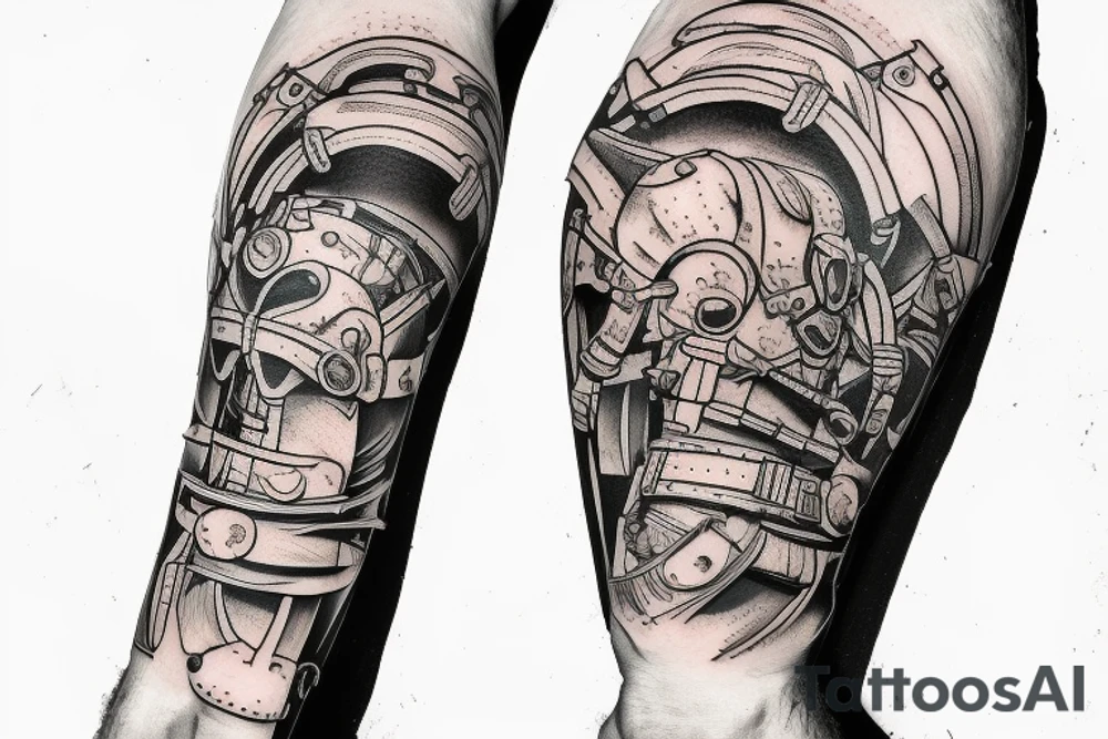 forearm tattoo of a human male soldier in battle armor, fighting giant ants on a sand planet tattoo idea