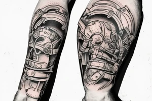 forearm tattoo of a human male soldier in battle armor, fighting giant ants on a sand planet tattoo idea