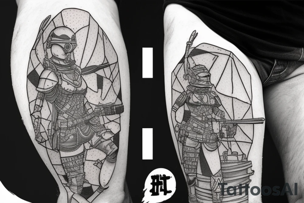 human male soldier in battle armor, fighting giant ants on a sand planet tattoo idea