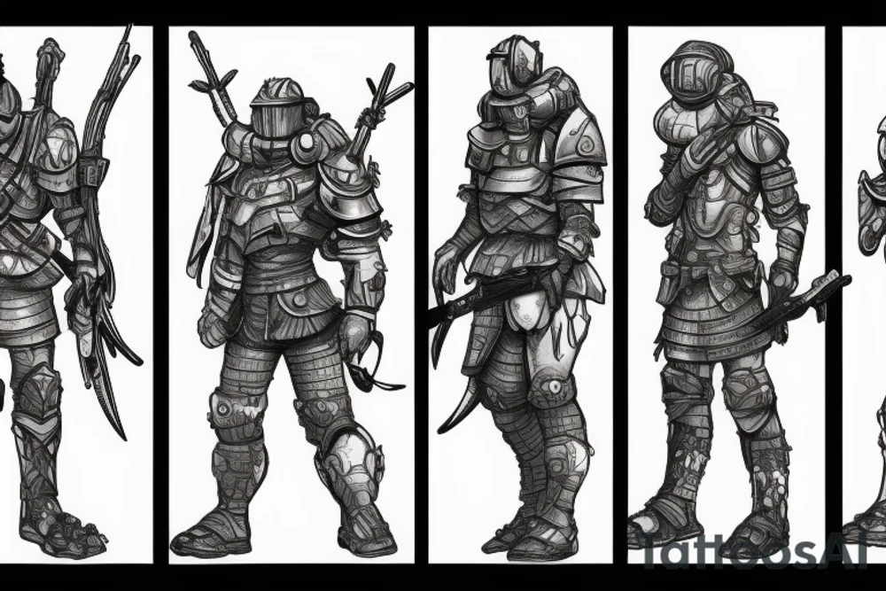 human male soldier in battle armor, fighting giant ants on a sand planet tattoo idea