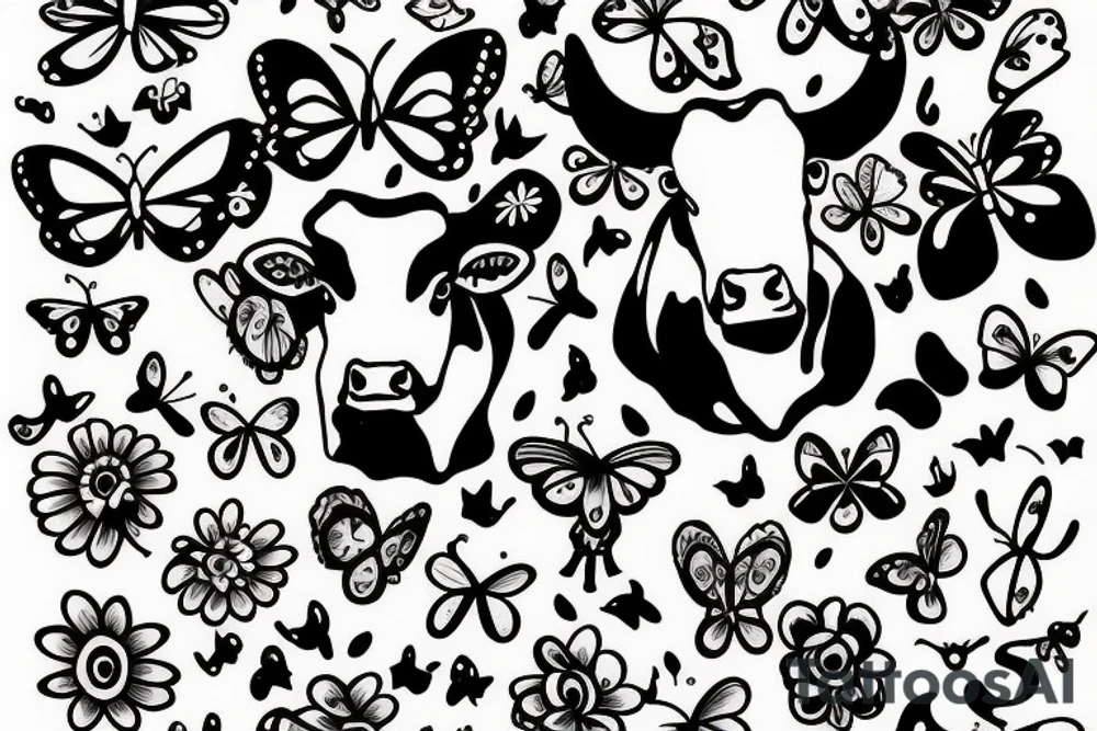 Cow with butterflies and flowers tattoo idea