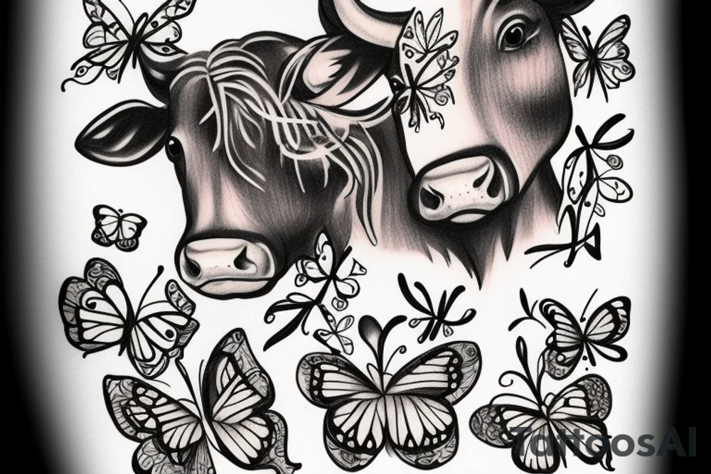 Cow with butterflies and flowers tattoo idea