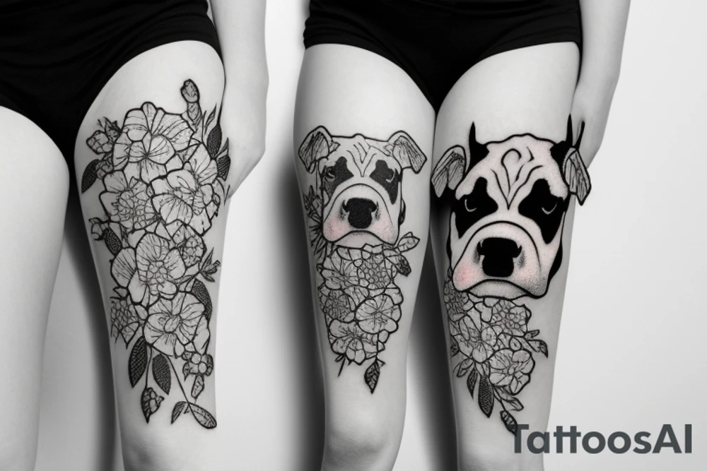Cow and english bulldog with flowers tattoo idea