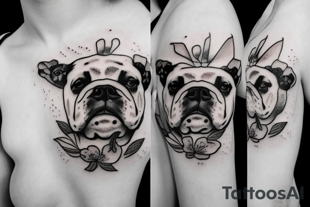 Cow and english bulldog with flowers tattoo idea