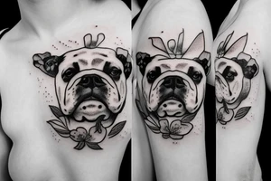 Cow and english bulldog with flowers tattoo idea
