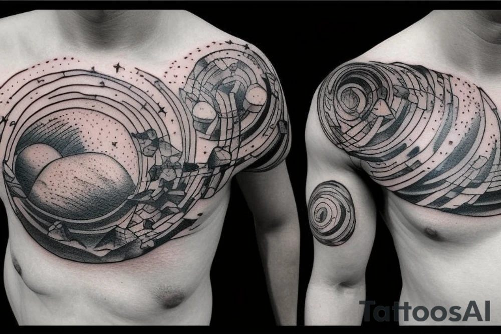 myth of sisyphus tatoo, where sisyphus is rolling a boulder up a mountain, with a star-filled night sky is in the background. Chest tattoo. tattoo idea