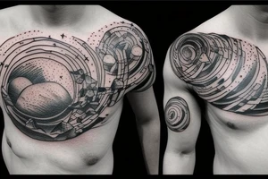 myth of sisyphus tatoo, where sisyphus is rolling a boulder up a mountain, with a star-filled night sky is in the background. Chest tattoo. tattoo idea