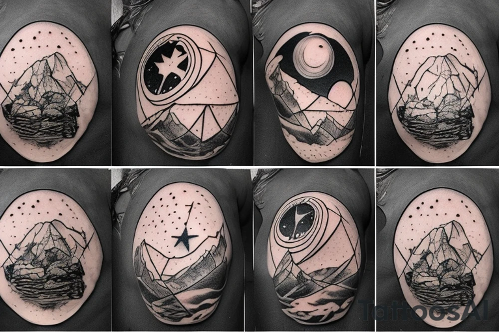 myth of sisyphus tatoo, where sisyphus is rolling a boulder up a mountain, with a star-filled night sky is in the background. Chest tattoo. tattoo idea