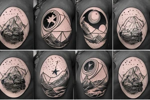 myth of sisyphus tatoo, where sisyphus is rolling a boulder up a mountain, with a star-filled night sky is in the background. Chest tattoo. tattoo idea