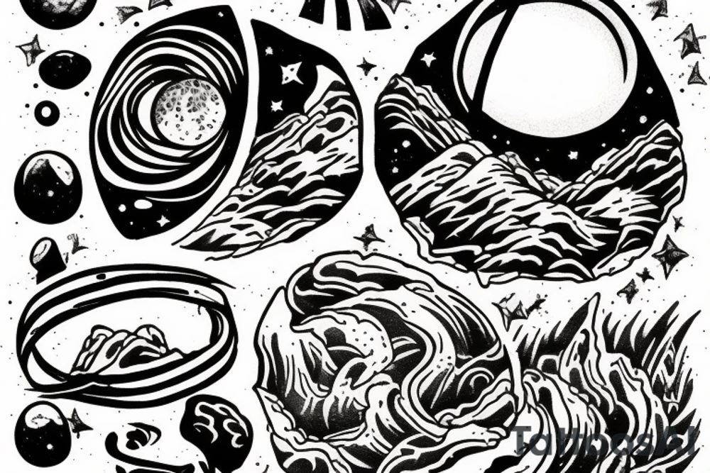 myth of sisyphus tatoo, where sisyphus is rolling a boulder up a mountain, with a star-filled night sky is in the background. tattoo idea