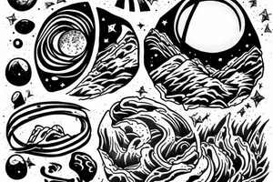myth of sisyphus tatoo, where sisyphus is rolling a boulder up a mountain, with a star-filled night sky is in the background. tattoo idea