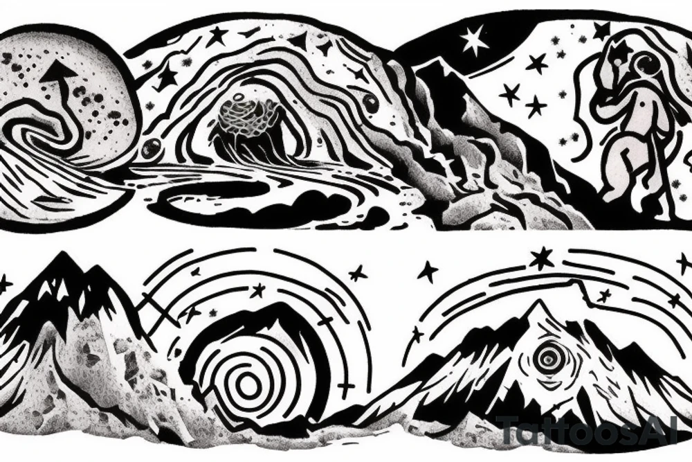 myth of sisyphus tatoo, where sisyphus is rolling a boulder up a mountain, with a star-filled night sky is in the background. tattoo idea