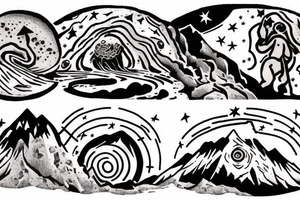 myth of sisyphus tatoo, where sisyphus is rolling a boulder up a mountain, with a star-filled night sky is in the background. tattoo idea