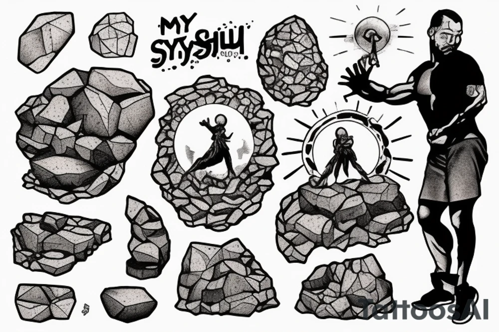 myth of sisyphus tatoo, where sisyphus is rolling a boulder up a mountain. tattoo idea