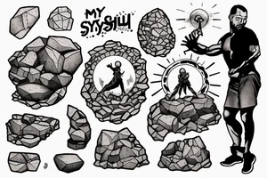 myth of sisyphus tatoo, where sisyphus is rolling a boulder up a mountain. tattoo idea