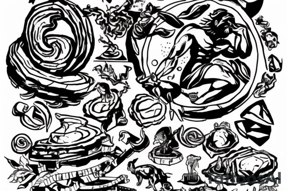 myth of sisyphus tatoo, where sisyphus is rolling a boulder up a mountain. tattoo idea