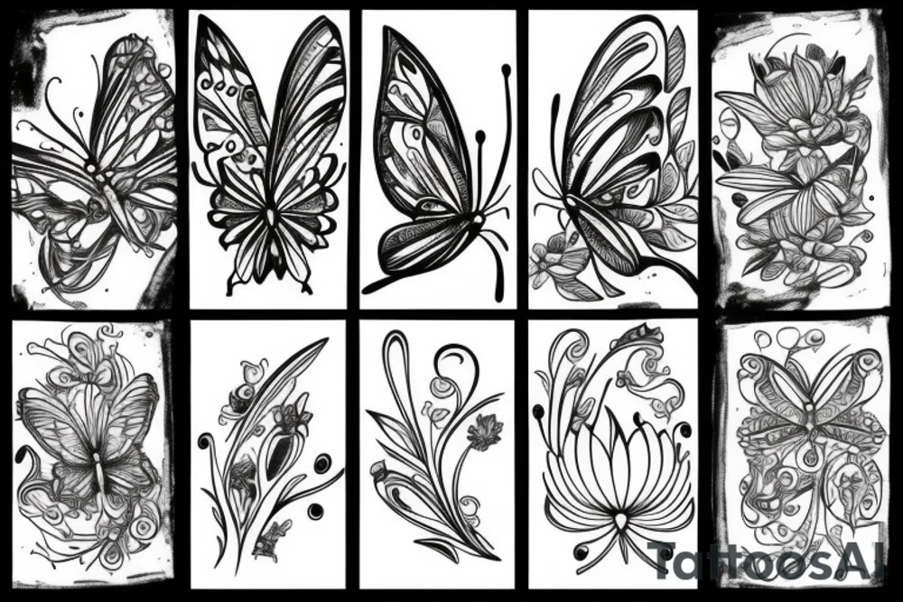 Butterfly, flower, fire, line-art tattoo idea