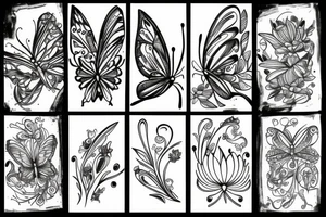 Butterfly, flower, fire, line-art tattoo idea