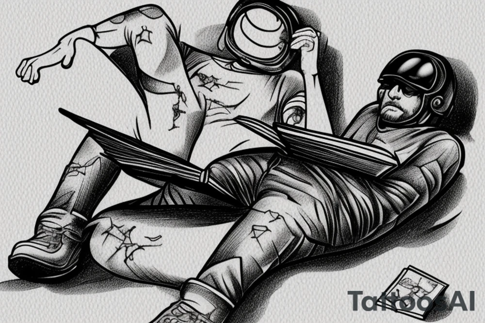 A man laying on half a moon while reading a book with a helmet, jeans, gloves and black clogs on tattoo idea