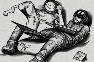 A man laying on half a moon while reading a book with a helmet, jeans, gloves and black clogs on tattoo idea