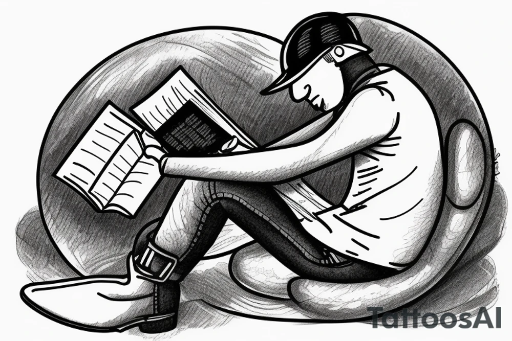 A man laying on half a moon while reading a book with a helmet, jeans, gloves and black clogs on tattoo idea