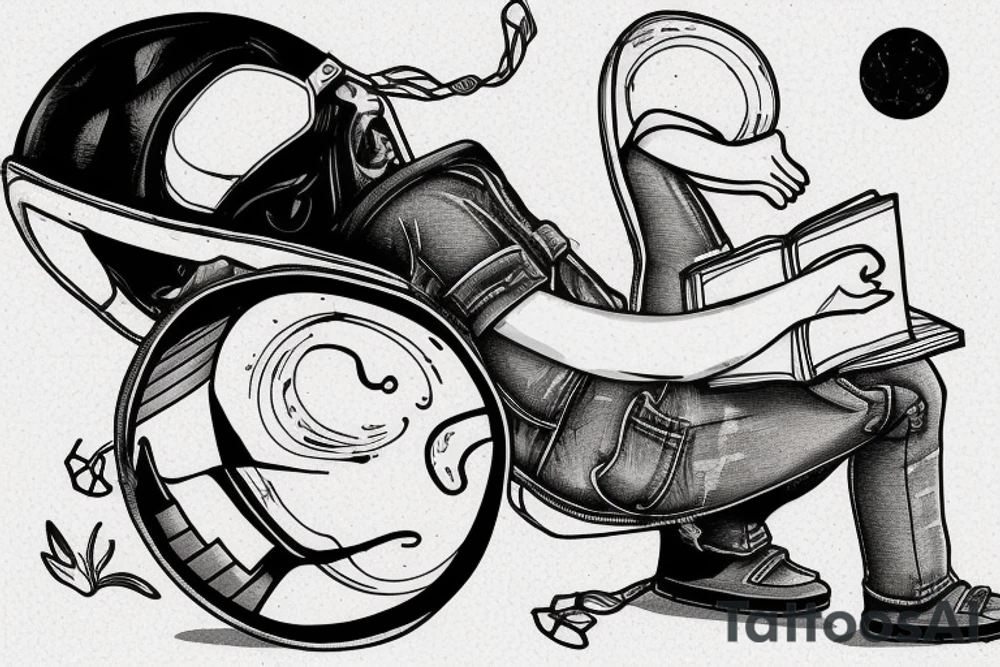 A man laying on half a moon while reading a book with a helmet, jeans, gloves and black clogs on tattoo idea