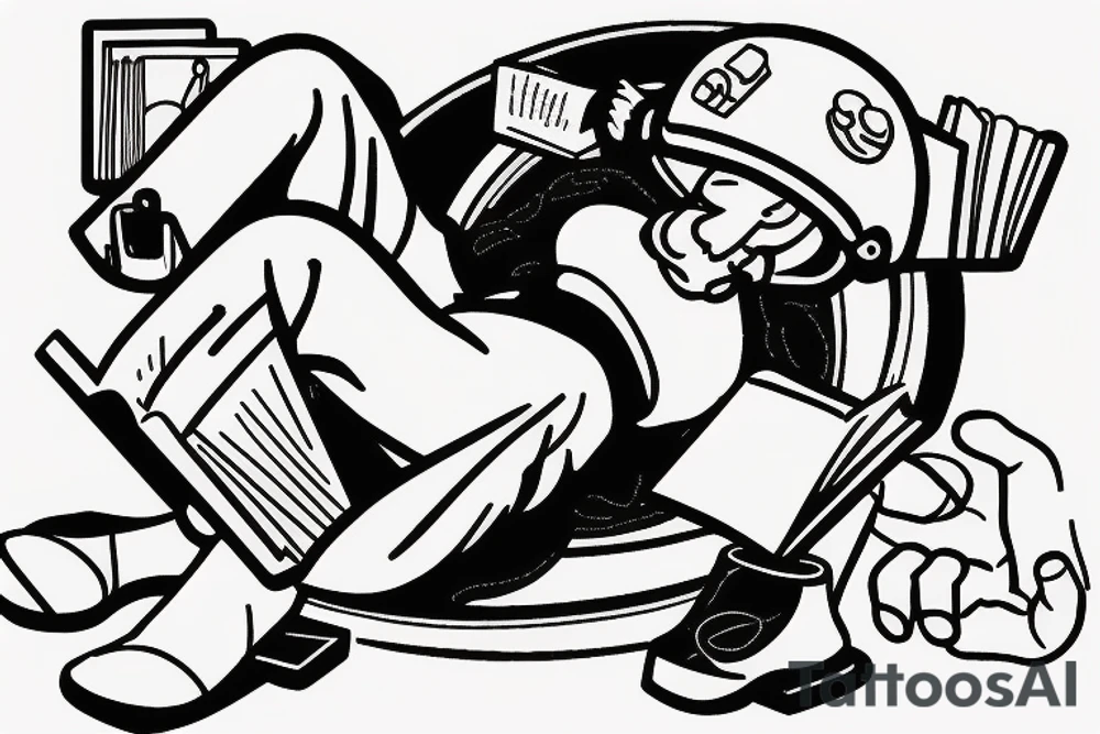 A man laying on half a moon while reading a book with a helmet, jeans, gloves and black clogs on tattoo idea