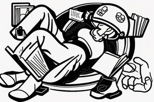 A man laying on half a moon while reading a book with a helmet, jeans, gloves and black clogs on tattoo idea