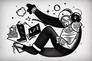 A man laying on half a moon while reading a book with a helmet, jeans, gloves and black clogs on tattoo idea