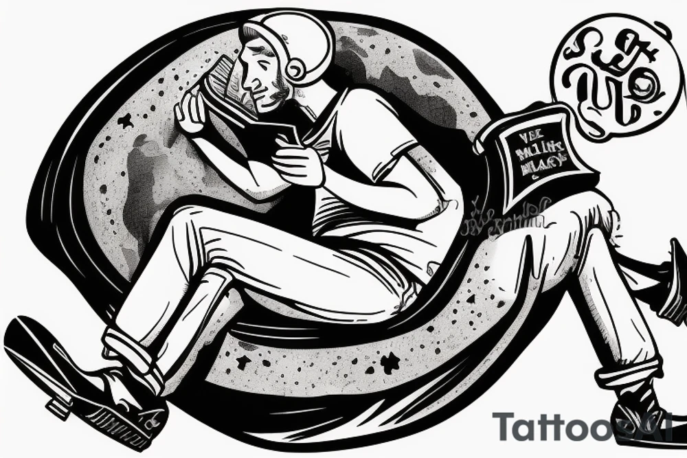 A man laying on half a moon while reading a book with a helmet, jeans, gloves and black clogs on tattoo idea