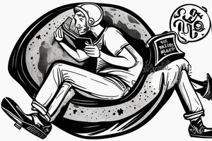 A man laying on half a moon while reading a book with a helmet, jeans, gloves and black clogs on tattoo idea