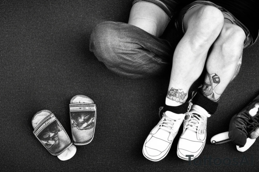A man laying on half a moon while reading a book with a helmet, jeans, gloves and black clogs on tattoo idea