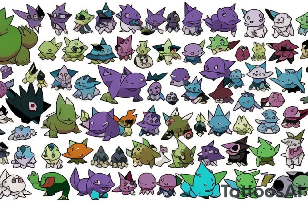 Bulbasaur
Squirtle Squad Squirtle 
Arbok
Psyduck
Geodude 
Farfedtch’d
Shellder
Gengar 
Onix 
Cubone 
Starmie 
Gyarados 
Ditto
Snorlax
Mew tattoo idea