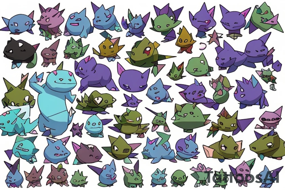 Bulbasaur
Squirtle Squad Squirtle 
Arbok
Psyduck
Geodude 
Farfedtch’d
Shellder
Gengar 
Onix 
Cubone 
Starmie 
Gyarados 
Ditto
Snorlax
Mew tattoo idea