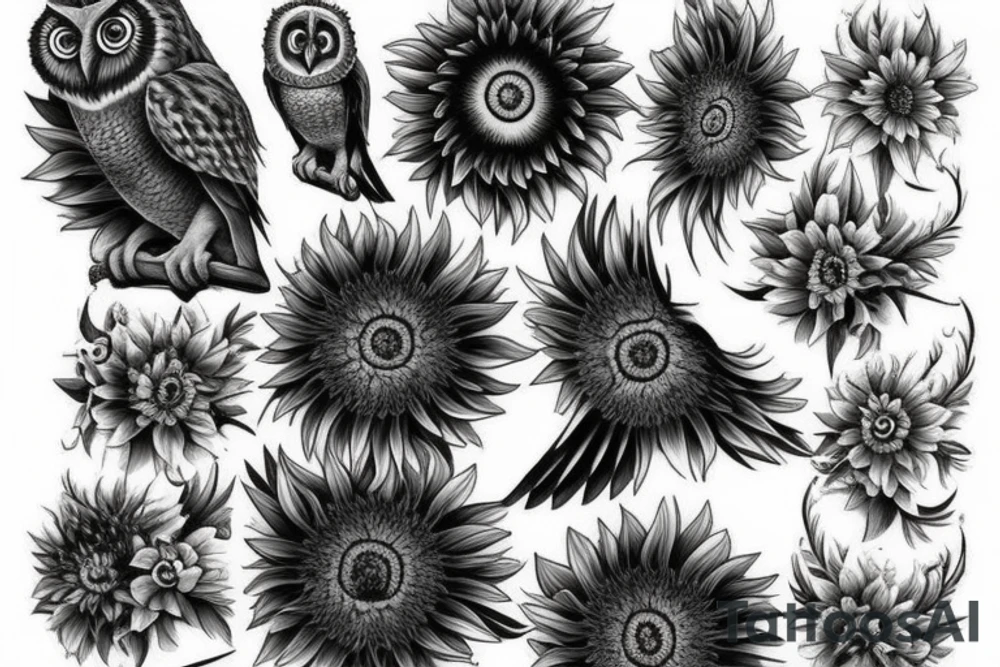 realistic owl 
sunflowers tattoo idea