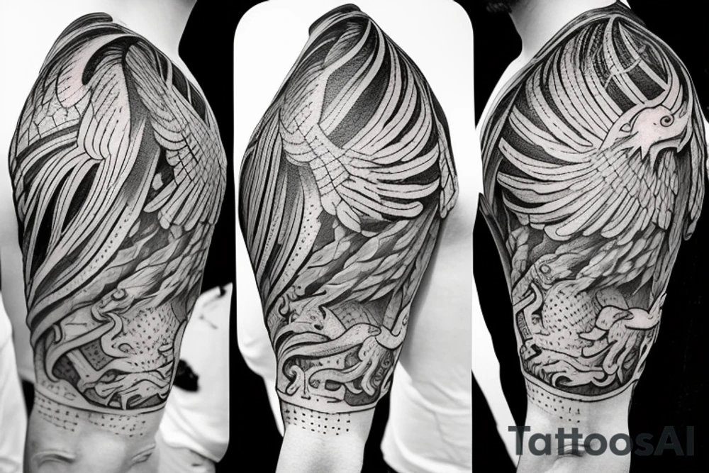 medieval knight's armor shoulder tattoo with phoenix crest tattoo idea