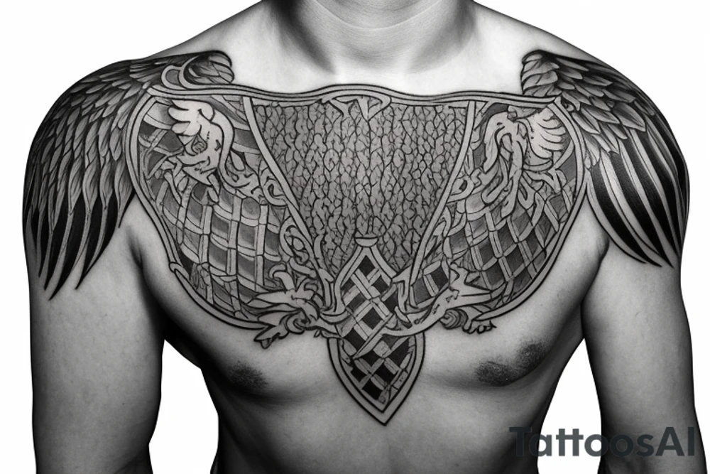 medieval knight's armor shoulder tattoo with phoenix crest medalian in the middle tattoo idea