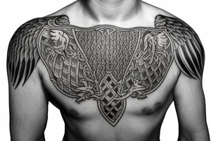 medieval knight's armor shoulder tattoo with phoenix crest medalian in the middle tattoo idea