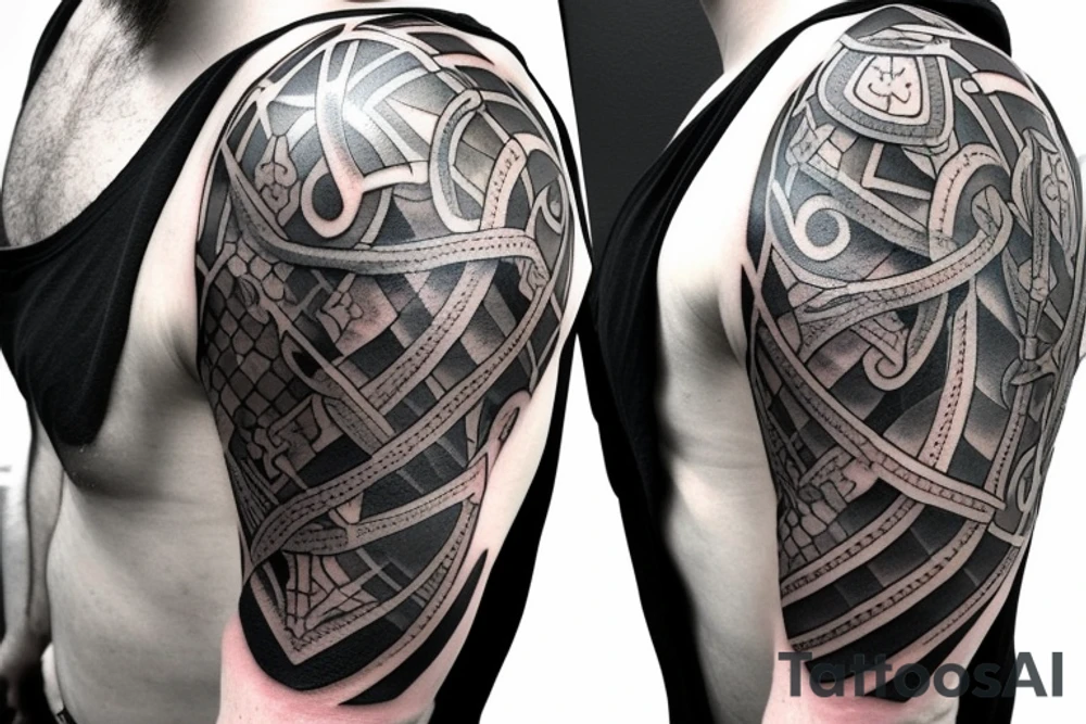 medieval knight's armor shoulder tattoo with crest medalian in the middle tattoo idea