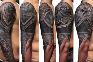 renaissance knight's armor shoulder tattoo with crest medalian in the middle tattoo idea