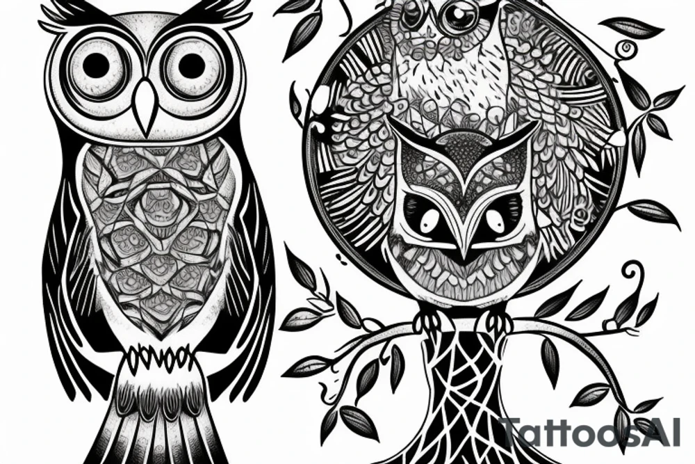 two owls on a tree tattoo idea