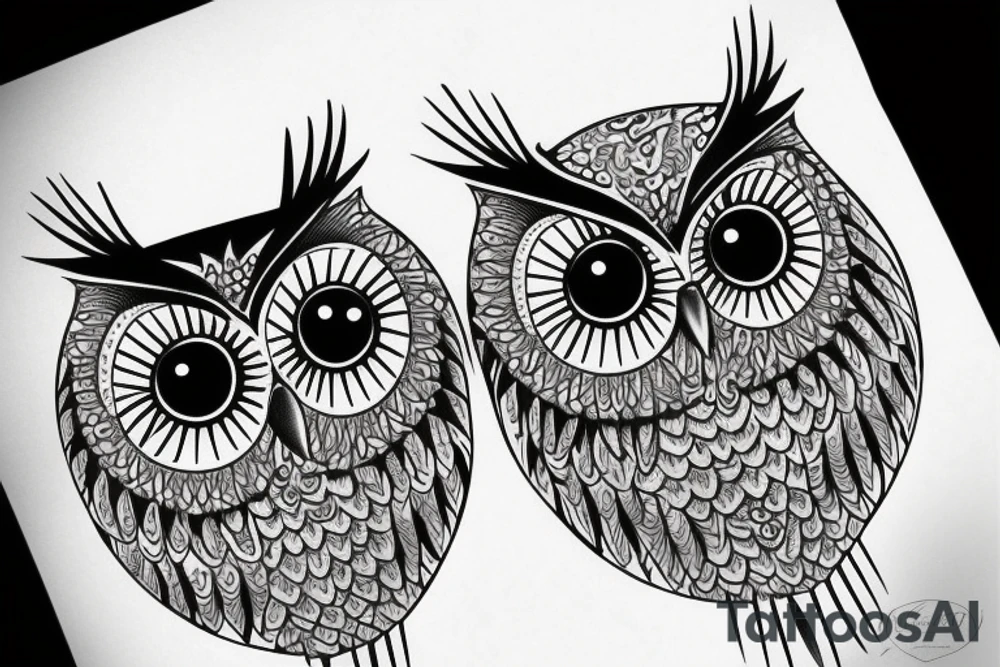 two owls on a tree one with blue eyes one with brown eyes tattoo idea