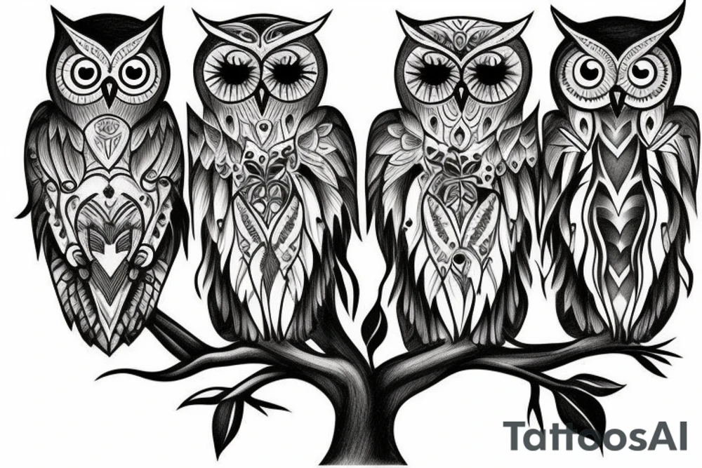 two owls on a tree one with blue eyes one with brown eyes tattoo idea
