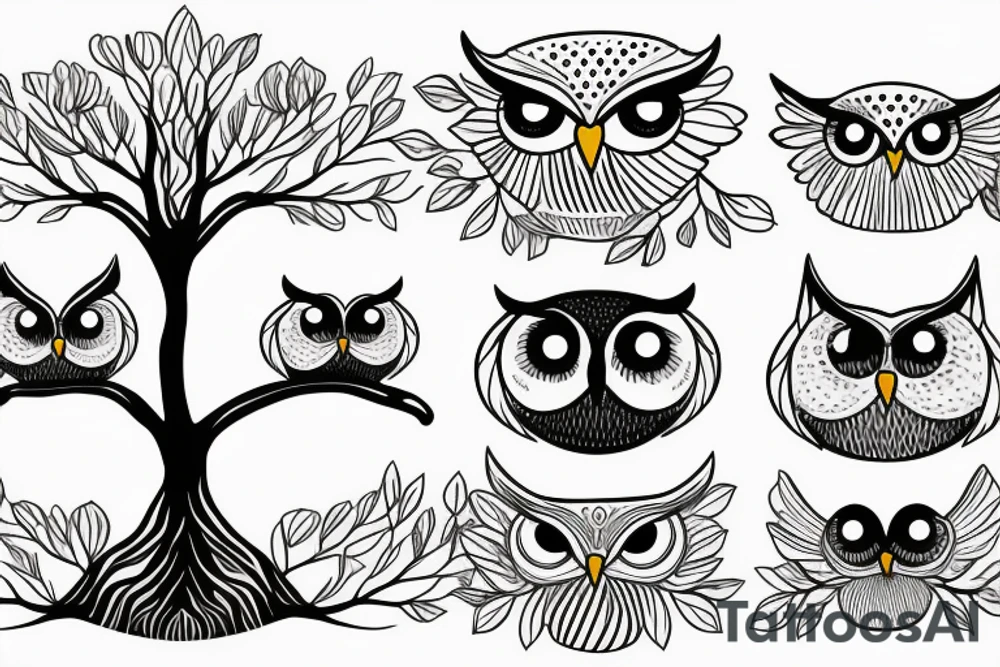 two simple drawn owls on a tree one with blue eyes one with brown eyes tattoo idea