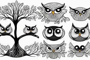 two simple drawn owls on a tree one with blue eyes one with brown eyes tattoo idea