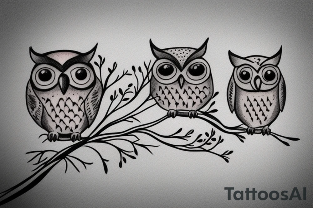 two simple drawn owls on a tree one with blue eyes one with brown eyes tattoo idea