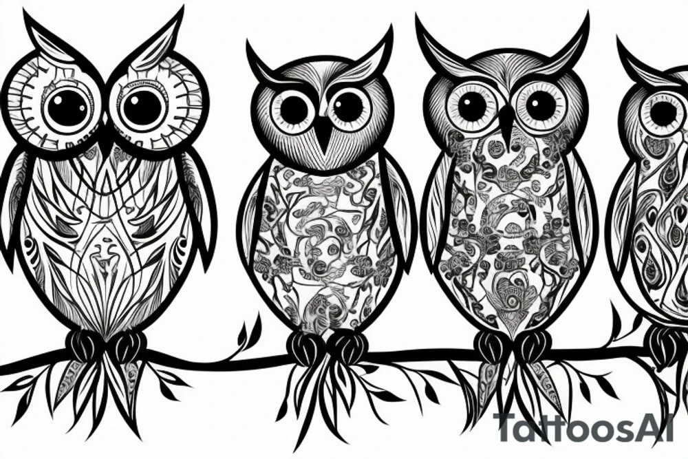 two simple drawn owls on a tree one with blue eyes one with brown eyes tattoo idea